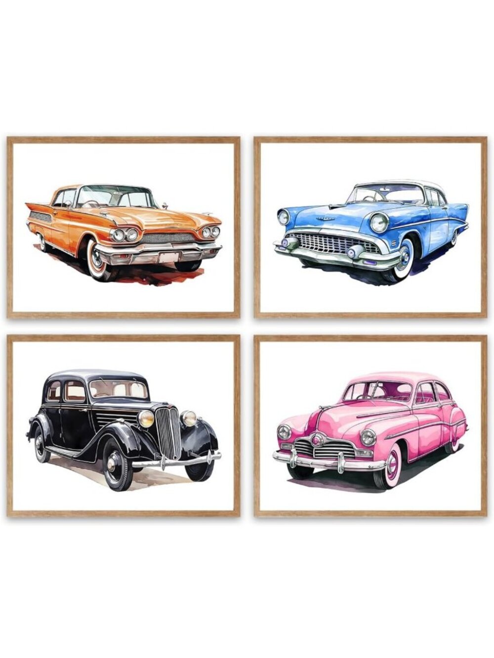 Vintage Classic Car Art Prints - Retro Watercolor Canvas Wall Decor Set of 4